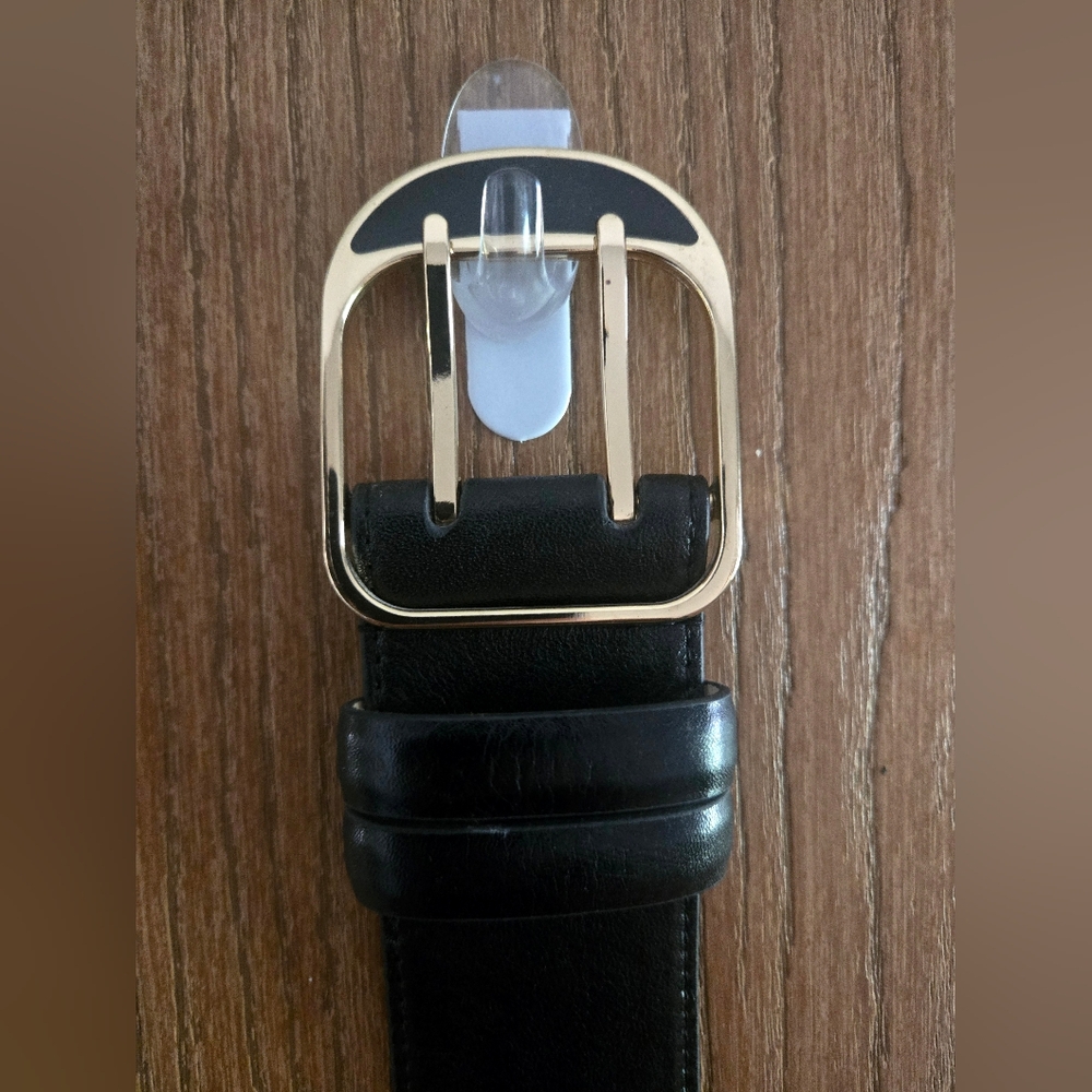 Ann Taylor Women's Black Leather Belt with Shiny Gold Buckle